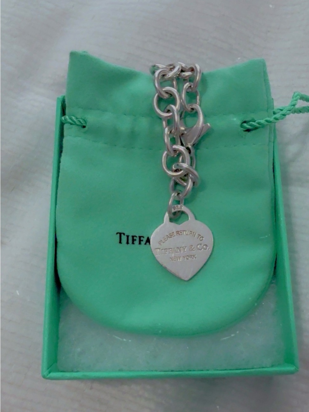 Tiffany & Co. Silver Heart Tag Charm Bracelet with Tiffany Blue Pouch
